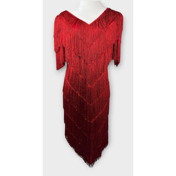VTG 70s 80s Mister Jay Fringe Dress Red V-Neck No Size Party Holiday Flapper L - Picture 10 of 15